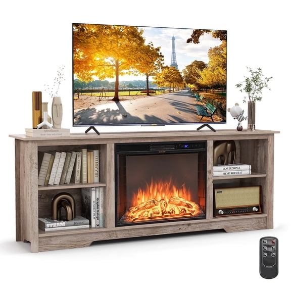 Costway 70" TV Stand with 26" Electric Fireplace Insert Remote Control for 75" TV Grey