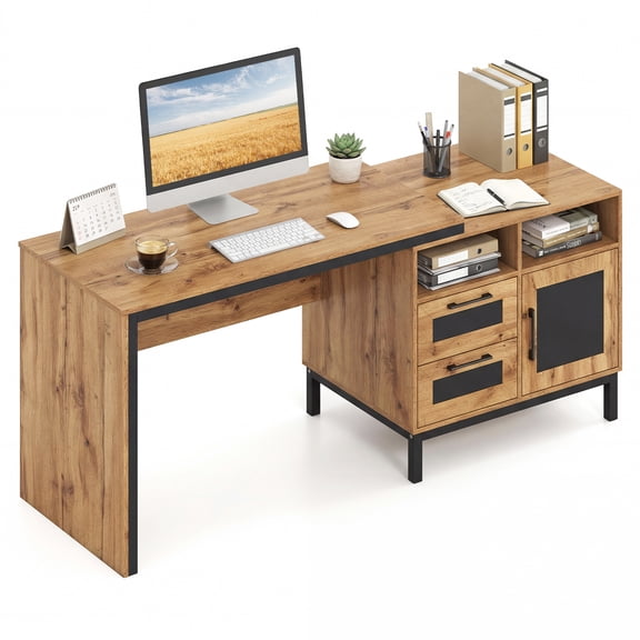 Costway 71 Executive Desk with Open Compartments, Storage Drawers & Single-Door Cabinet Natural