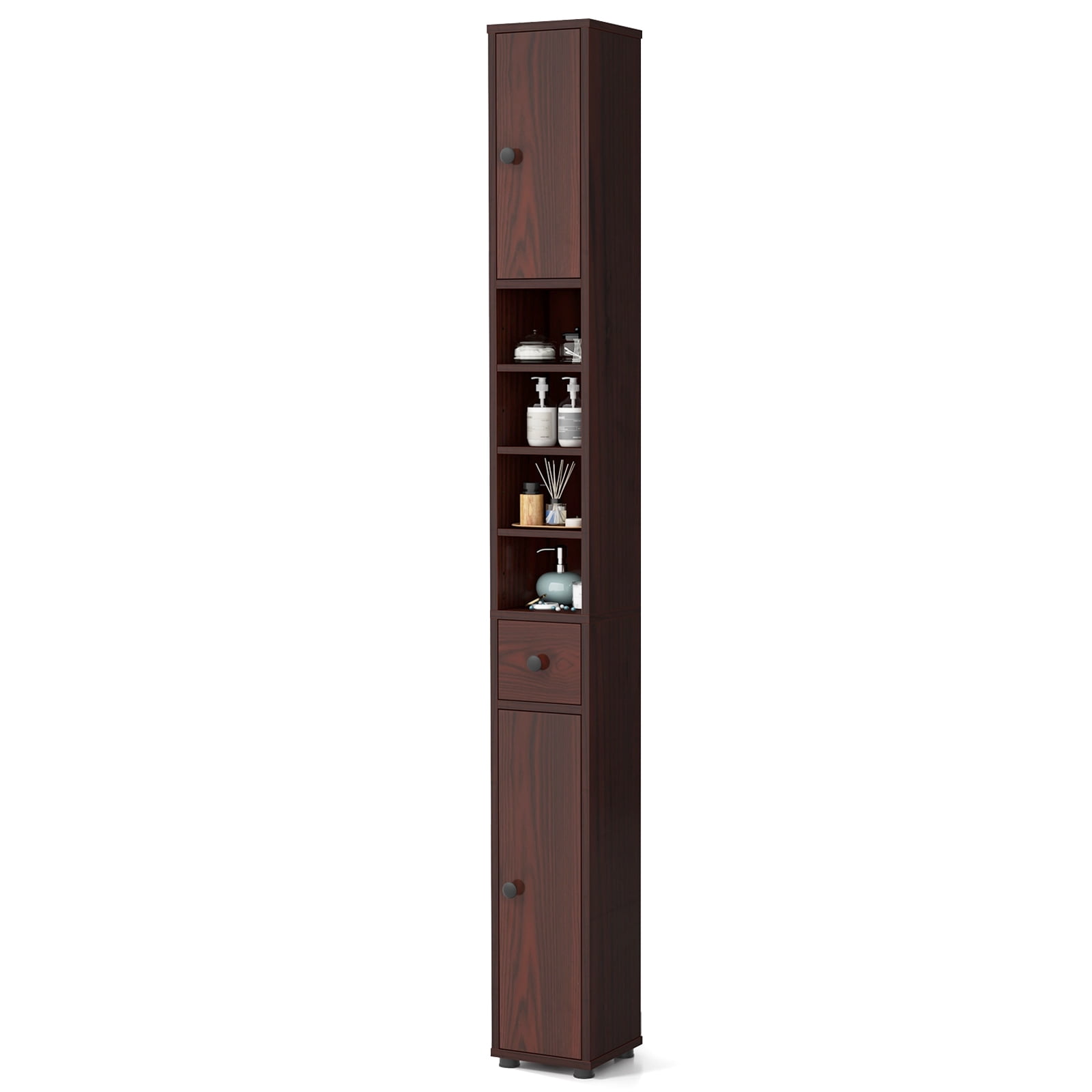 Costway 71" Slim Bathroom Storage Cabinet with 2 Doors 5 Adjustable Shelves 1 Drawer Brown