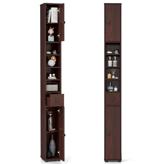 Costway 71" Slim Bathroom Storage Cabinet with 2 Doors 5 Adjustable Shelves 1 Drawer Brown