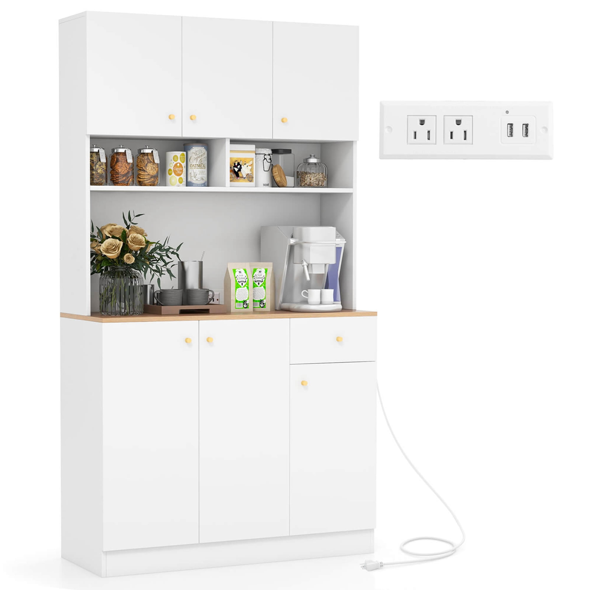 White MDF Tall Pantry Cabinet with USB Ports and Adjustable Shelves
