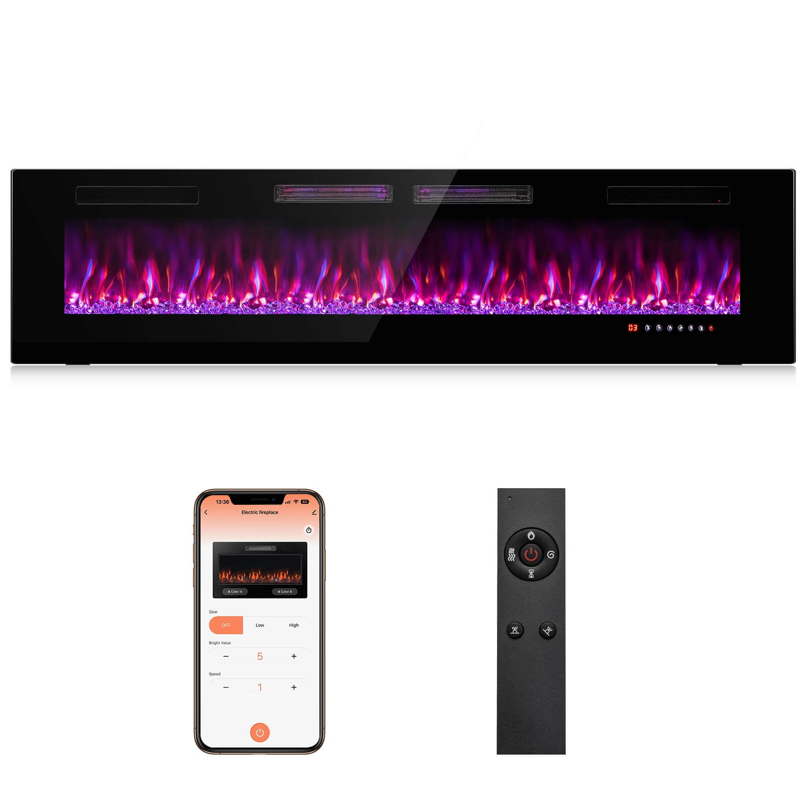 Costway 72 Inches Ultra-Thin Electric Fireplace Wall-Mounted & Recessed Fireplace Heater