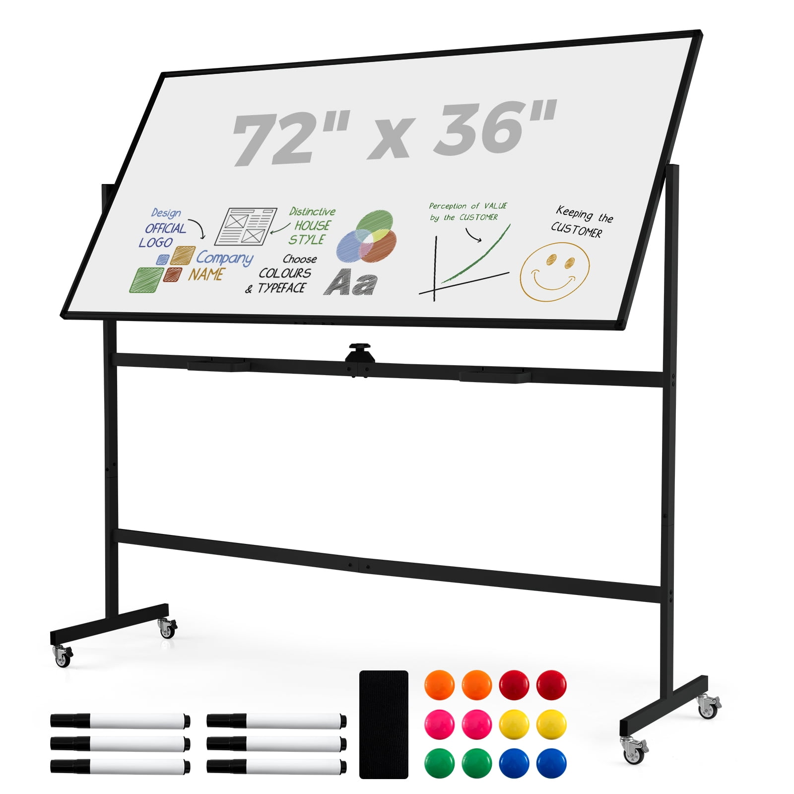 Costway 72" x 36" Double-Sided Magnetic Whiteboard with Stand and Aluminum Alloy Frame Black