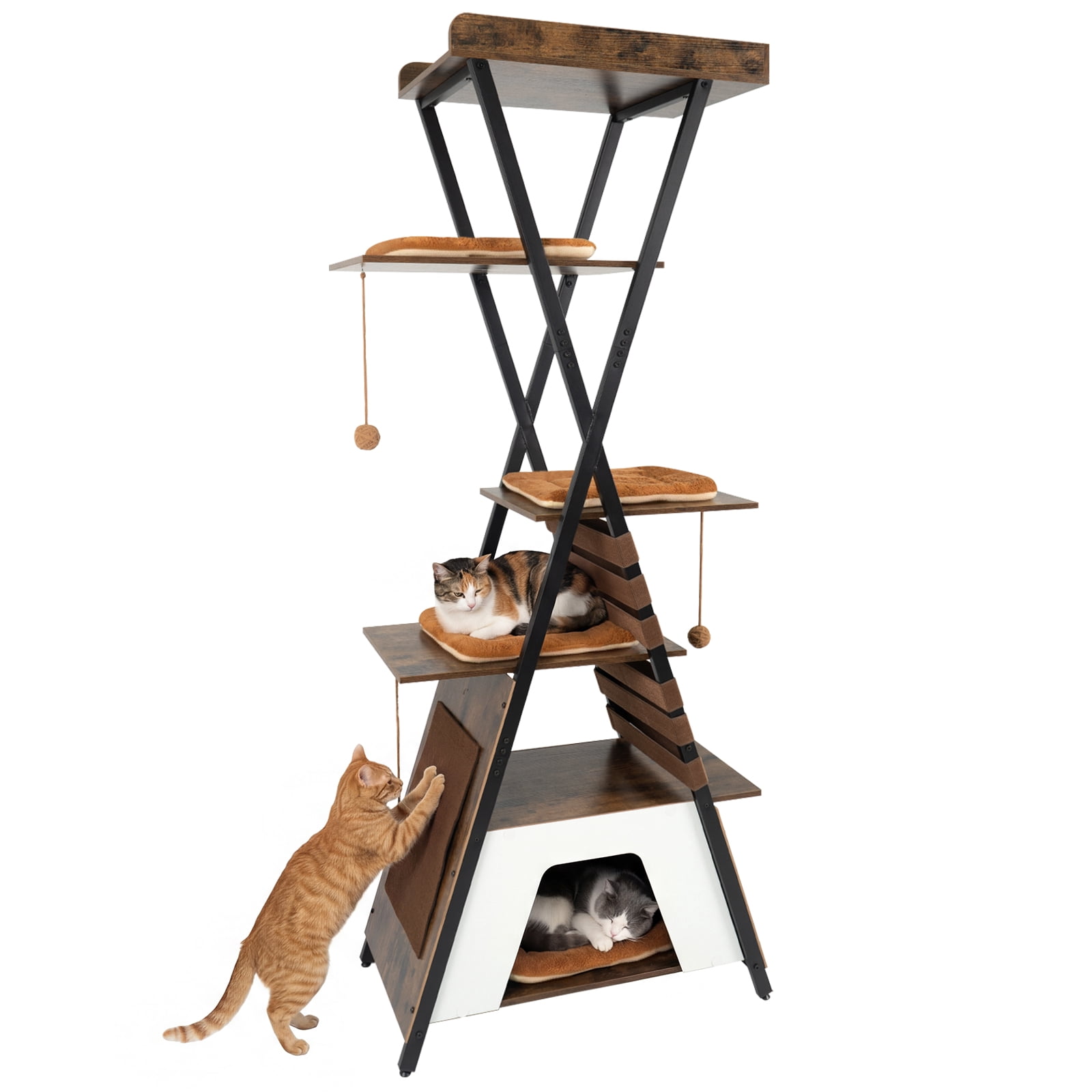 Costway 73" Wooden Multi-level Cat Tower with Elevated Perch, Large Condo, Dangling Balls Rustic Brown + Brown