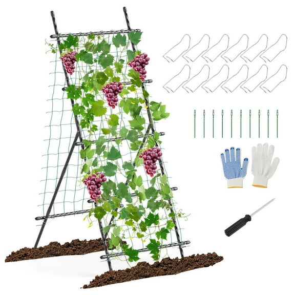 Costway 74" Garden Cucumber Trellis for Plant Climbing with PE-Coated Frame, Trellis Net