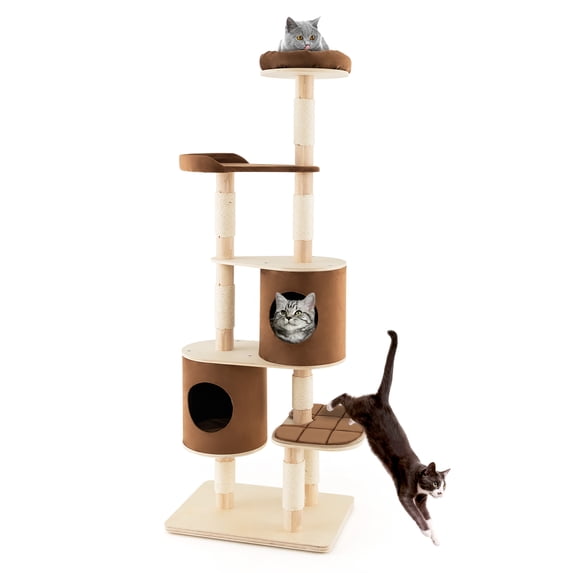 Costway 75'' Multi-layer Wooden Cat Tree Indoor Tower Activity Play Center with 2 Condos Brown