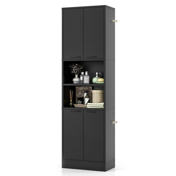 Costway 75" Tall Bathroom Storage Cabinet with 4 Doors & 2 Open Compartments Freestanding Black