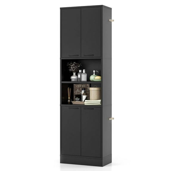 Costway 75" Tall Bathroom Storage Cabinet with 4 Doors & 2 Open Compartments Freestanding Black