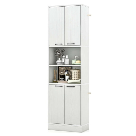 Costway 75" Tall Bathroom Storage Cabinet with 4 Doors & 2 Open Compartments Freestanding Oak White