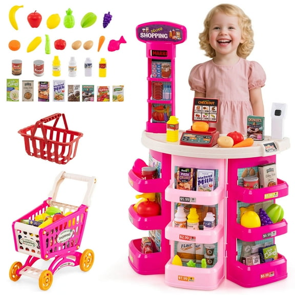 Costway 76 PCS Pretend Play Grocery Store Set with Shopping Cart Scale Scanner Light Sound Pink