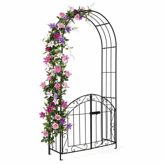 Costway 79” Metal Garden Arch with Gate, Heavy Duty Arbor Trellis with 4 Stakes Black