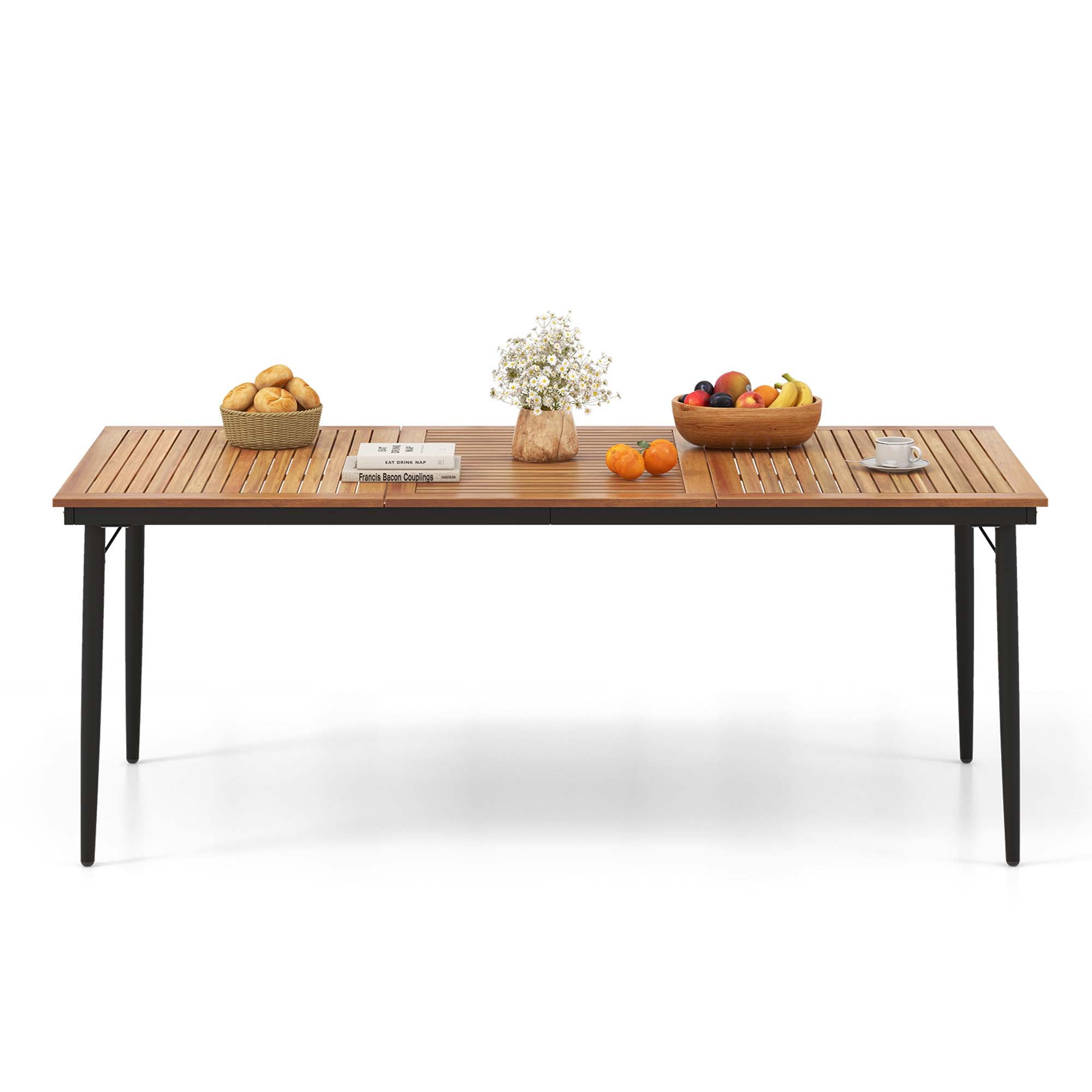 "Costway 79"" Acacia Wood Outdoor Dining Table for 8 with Metal Furniture & 1.9"" Umbrella Hole"