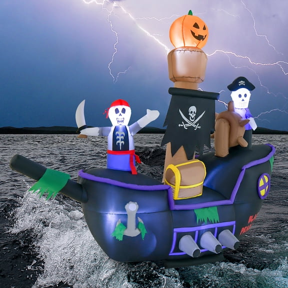 Costway 7FT Long Halloween Inflatable Pirate Ship Blow-up Skeleton Pirate Decoration with Bright LED Lights
