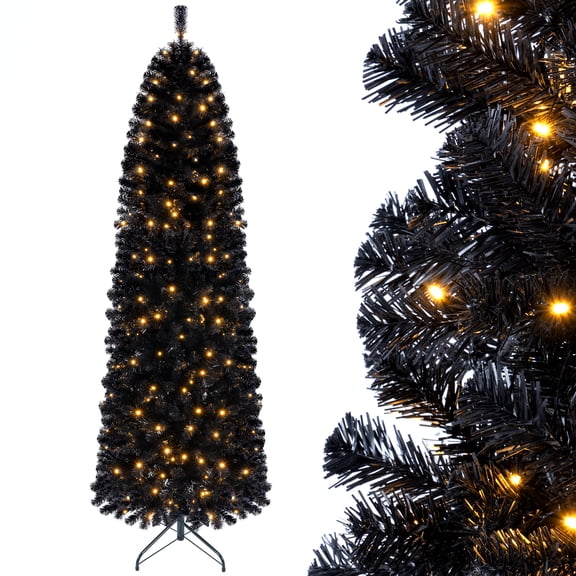 Costway 7FT Pencil Christmas Tree with 8 Lighting Modes 874 Full Branch Tips 250 LED Lights