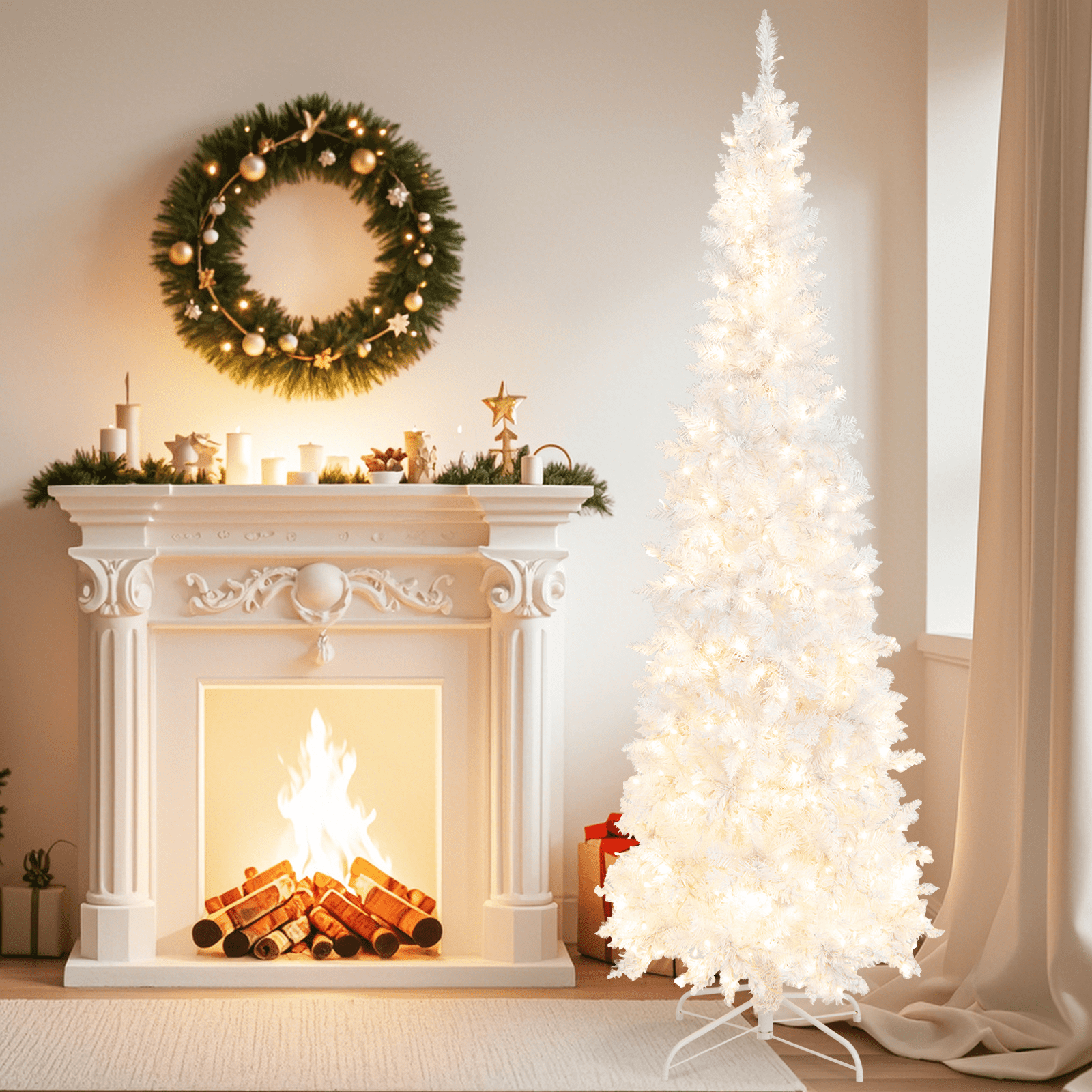 become tree サスペンダー ホワイト Lサイズ Gymax 7FT Pre-Lit Slim Pencil Christmas Tree Full Artificial Tree
