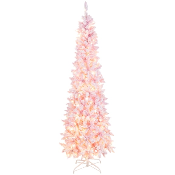 Costway 7 ft Pencil Christmas Tree 8 Lighting Modes Hinged Pink