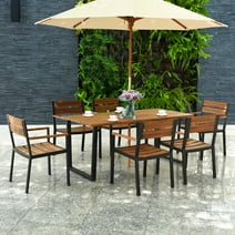 Costway 7PCS Patented Patio Dining Chair Table Set Acacia Wood Backyard W/Umbrella Hole