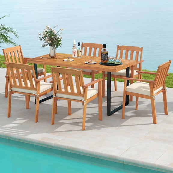 Costway 7PCS Patio Dining Table Set, 63” Table & 6 Acacia Wood Armchairs with Umbrella Hole