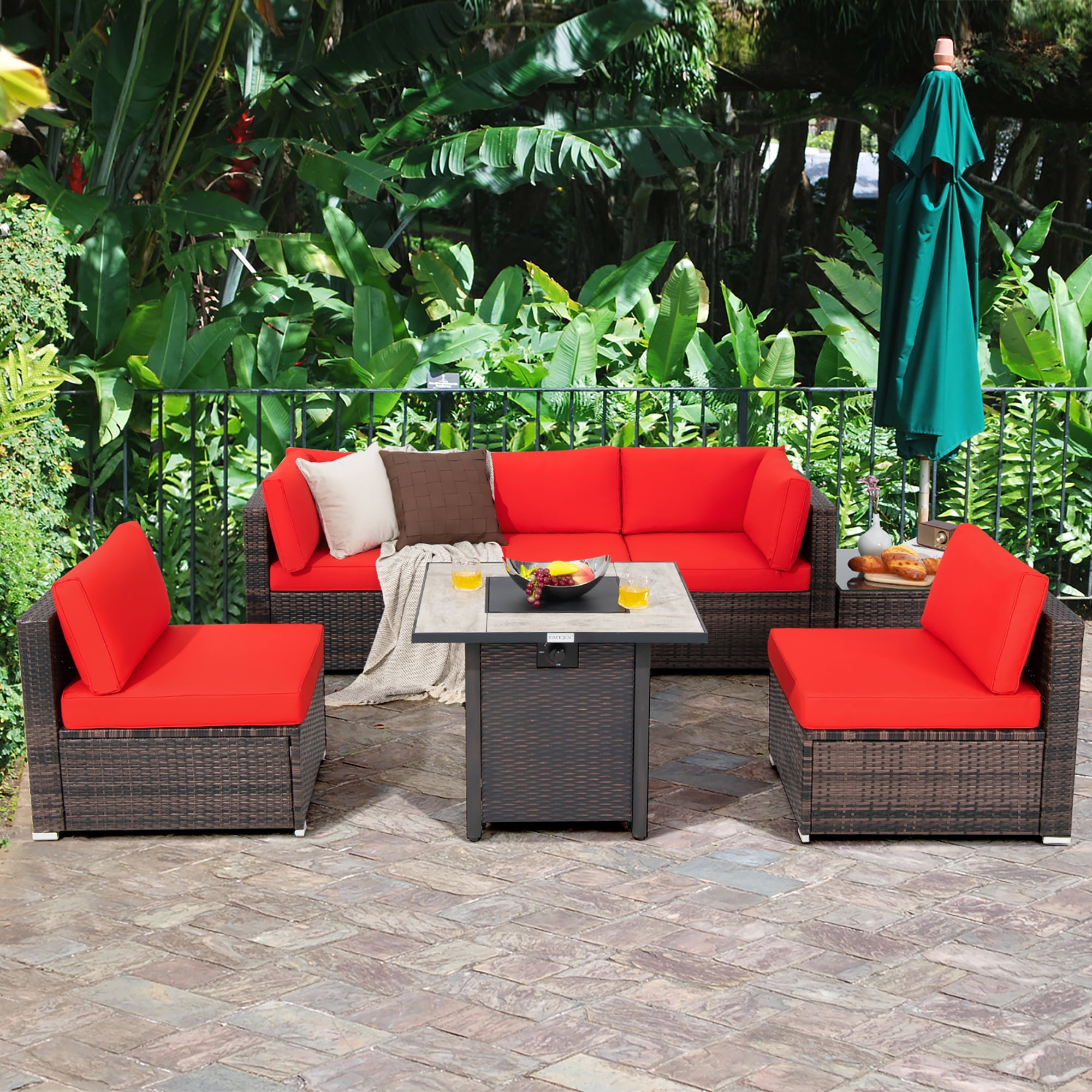 Costway 7PCS Patio Furniture Rattan Sectional Conversation Sofa w/ Fire