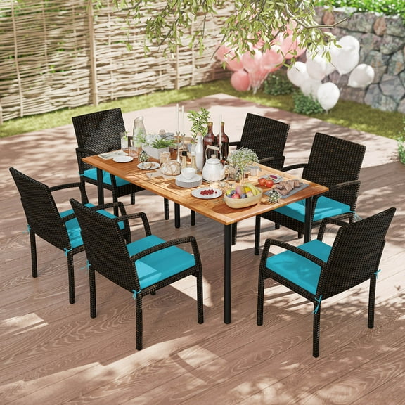 Costway 7PCS Patio Rattan Dining Chair Table Set W/ Cushion & Hole Turquoise