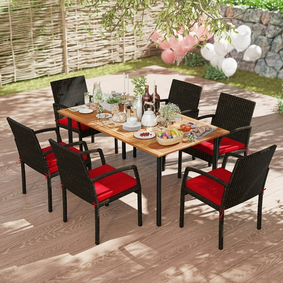 Costway 7PCS Patio Rattan Dining Chair Table Set W/ Cushion Umbrella Hole Red
