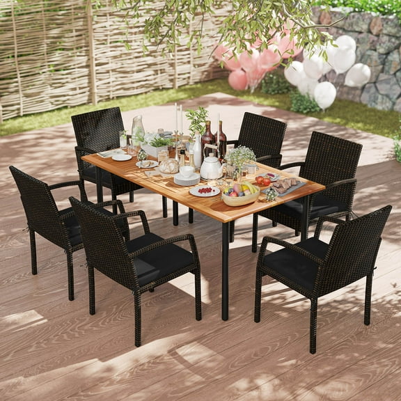 Costway 7PCS Patio Rattan Dining Chair Table Set with  Cushion Umbrella Hole Black