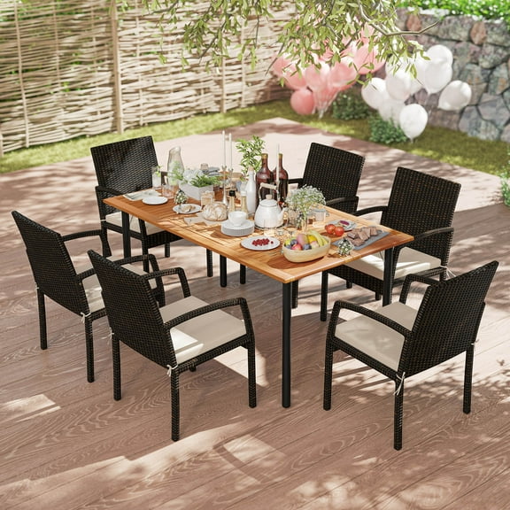 Costway 7PCS Patio Rattan Dining Set Table Top W/Umbrella Hole