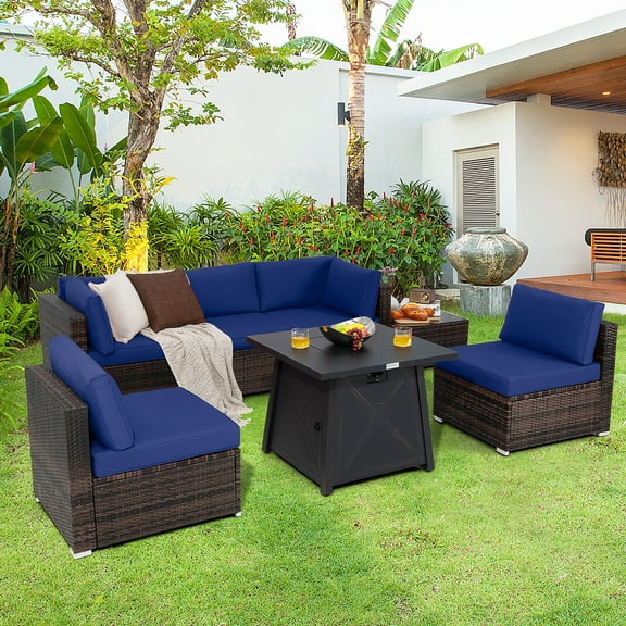 Costway 7PCS Patio Rattan Furniture Set Fire Pit Table Cover Cushion Navy