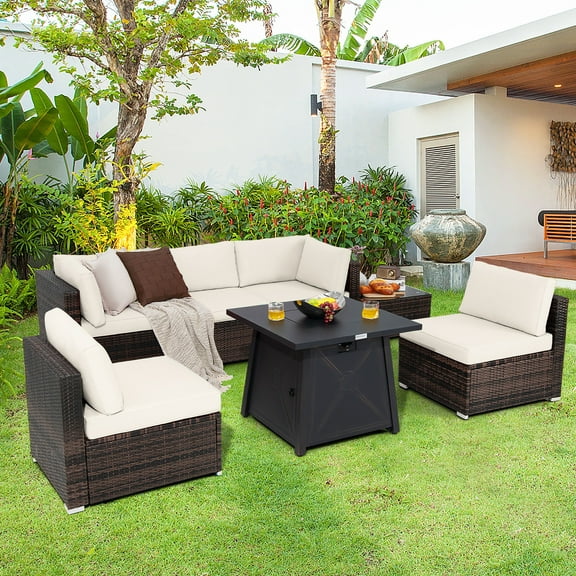 Costway 7PCS Patio Rattan Furniture Set Fire Pit Table Cover Cushion Off White