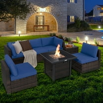 Costway 7PCS Patio Rattan Furniture Set Fire Pit Table Cover Glass Top Cushion Navy