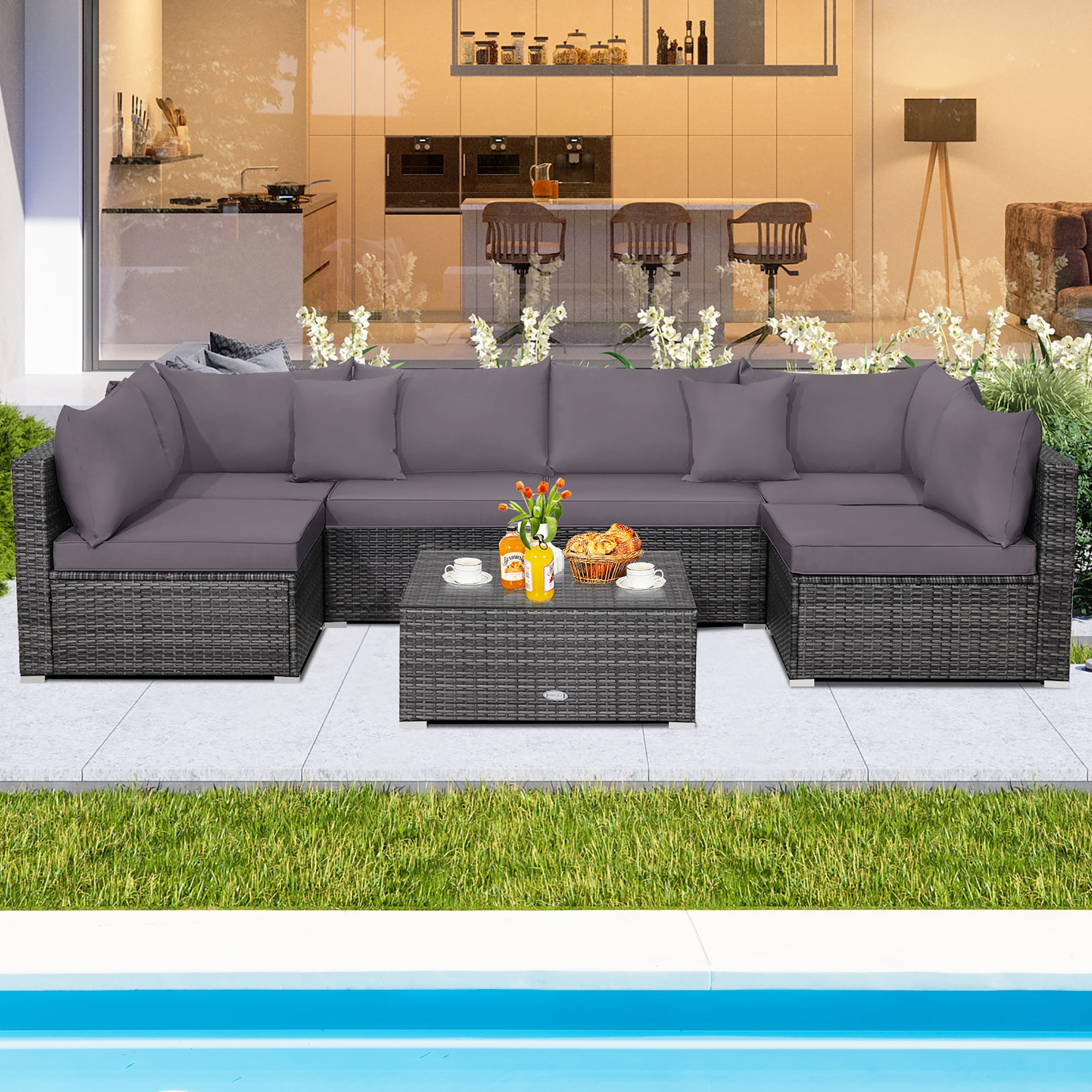 Gray 7-Piece PE Rattan Sectional Sofa Set with Cushions