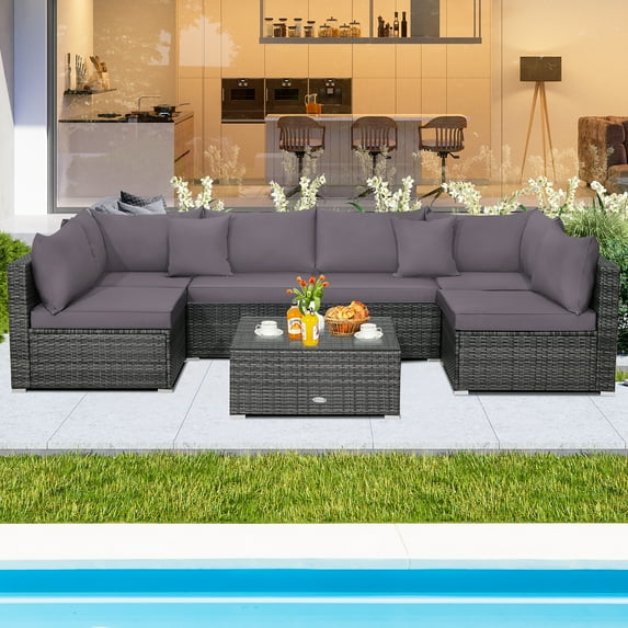 Costway 7PCS Patio Rattan Furniture Set Sectional Sofa Cushioned Garden Gray