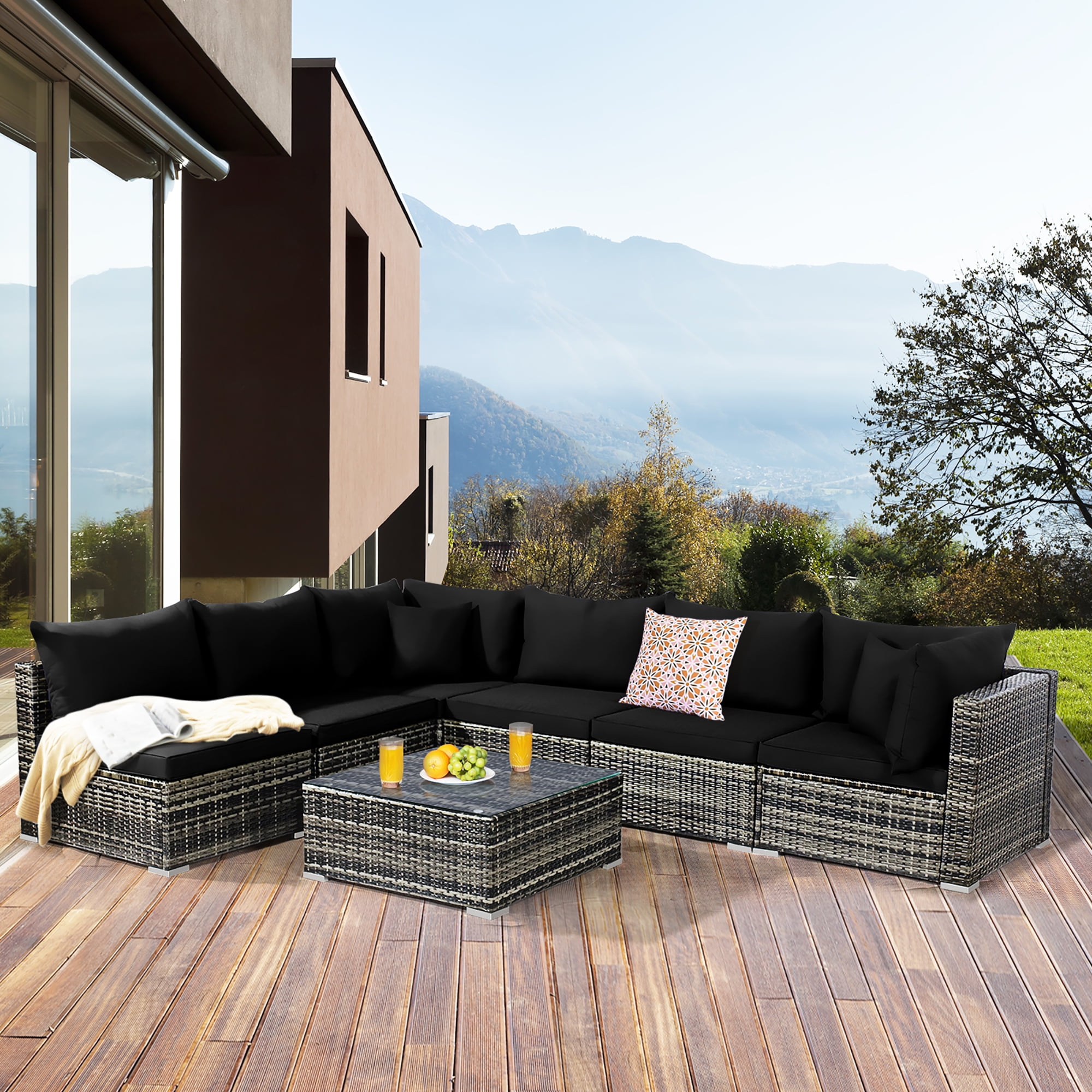 7 Pieces Sectional Wicker Furniture Sofa Set with Tempered Glass Top -  Costway