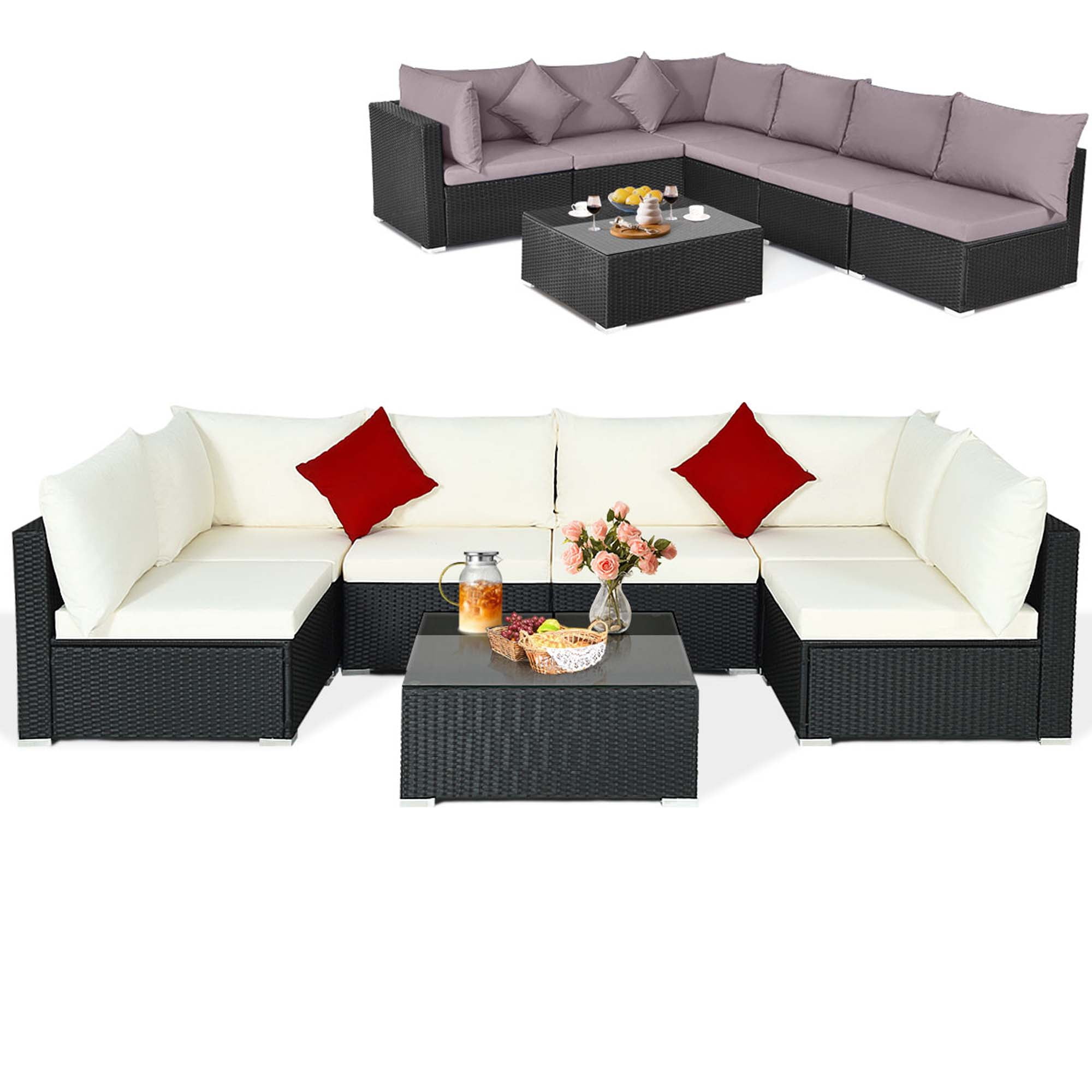 Costway 7pcs Patio Rattan Corner Furniture Set Sectional Sofas with Off