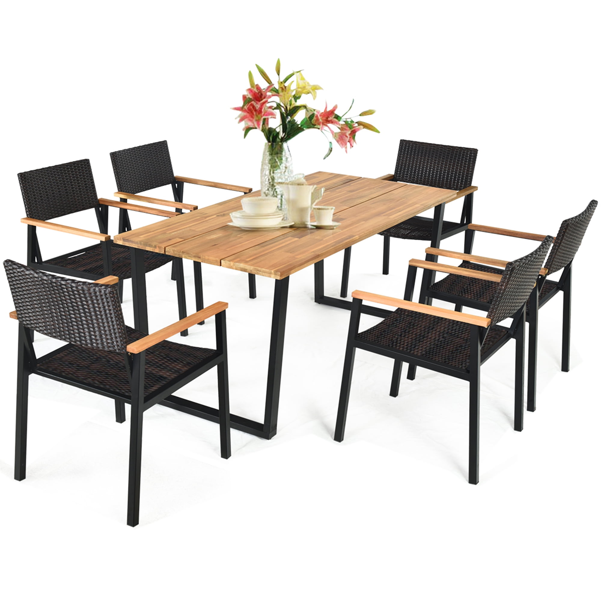 Acacia Wood and Black Metal 6-Person Outdoor Dining Set with Rattan Chairs