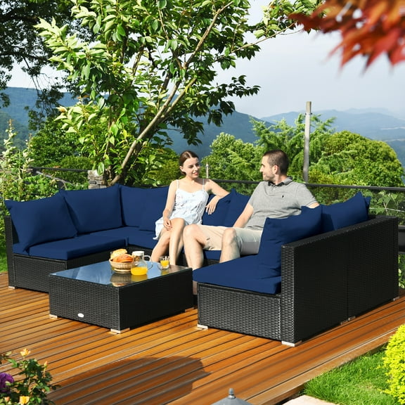 Costway 7PCS Patio Rattan Sofa Set Sectional Conversation Furniture Set Garden Navy