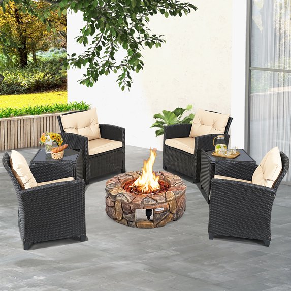Costway 7PCS Patio Rattan Wicker Furniture Set with Gas Fire Pit Table and Beige Cushions