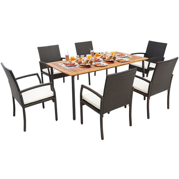 Costway 7PCS Patio Wicker Dining Set Cushion Armchairs Acacia Wood Table with Umbrella Hole