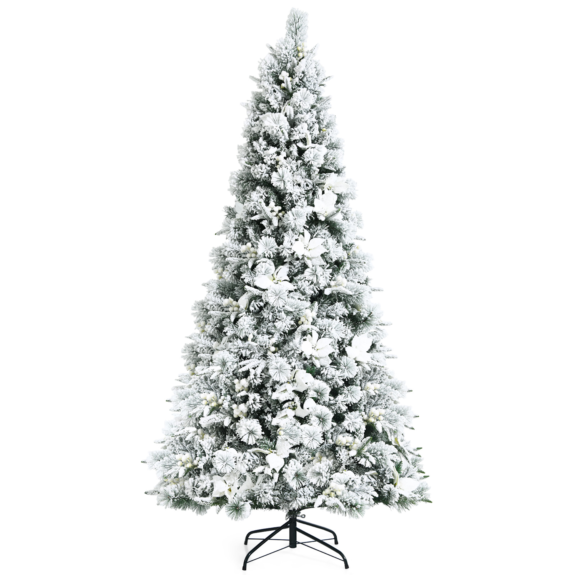 Costway 7ft Snow Flocked Hinged Christmas Tree w/Berries & Poinsettia Flowers