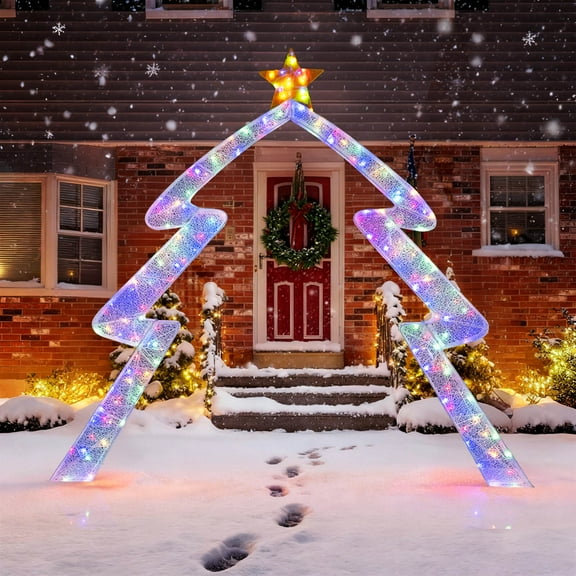Costway 8.8 FT Christmas Tree-shaped Archway with Top Star, Adjustable LED Lights,Zip Ties
