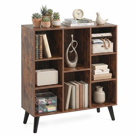 Costway 8-Cube Bookshelf, 3-Tier Bookcase with Elevated Metal Legs for Living Room & Office Rustic Brown