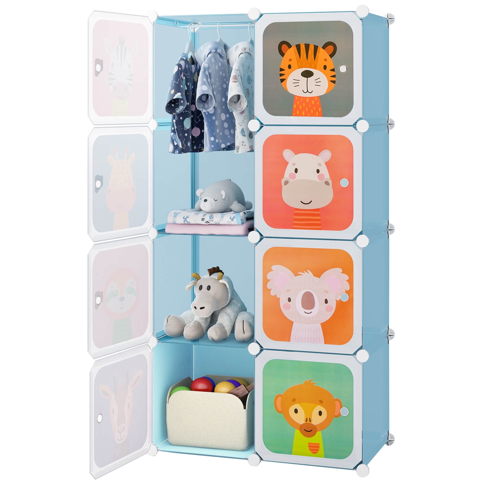 Costway 8-Cube Kids Wardrobe Baby Dresser Bedroom Armoire Clothes Hanging Closet with Doors Blue