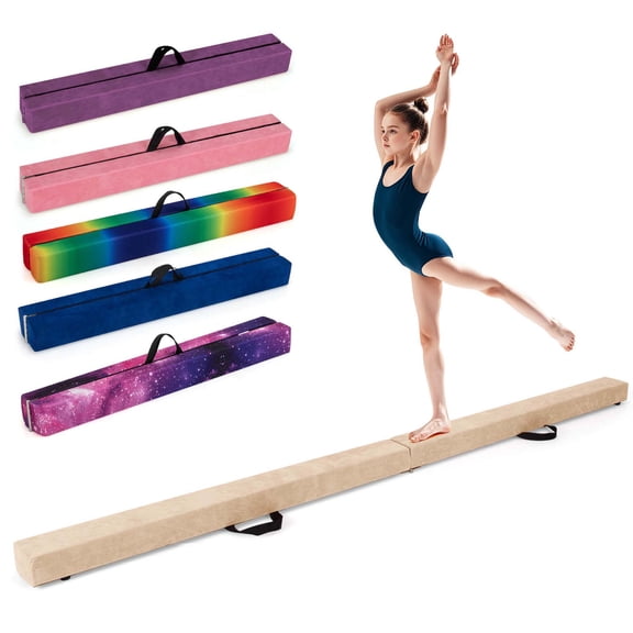 Costway 8 FT Folding Gymnastic Beam with Anti-slip Base Pine Wood Frame Carrying Handle Beige