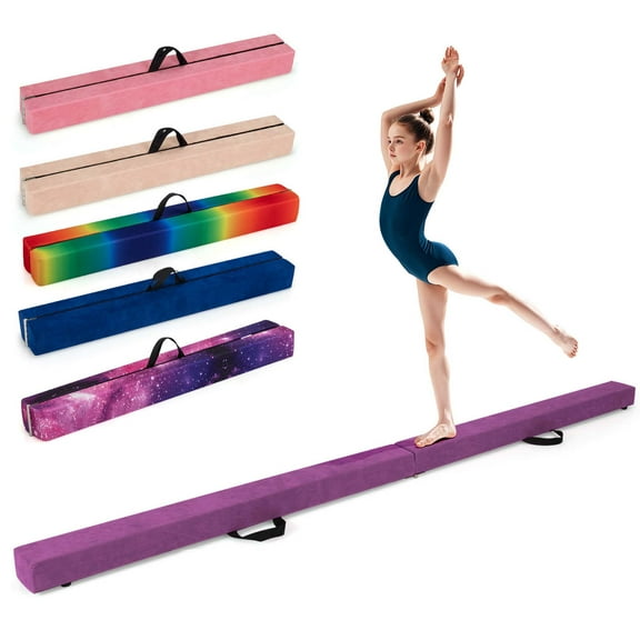 Costway 8 FT Folding Gymnastic Beam with Anti-slip Base Pine Wood Frame Carrying Handle Purple