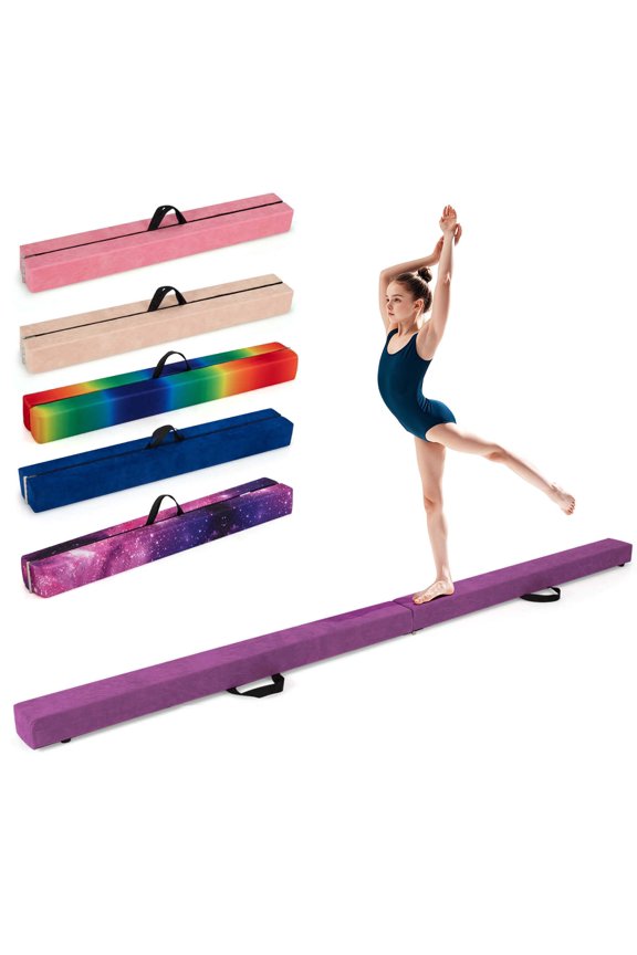 8 FT Folding Gymnastic Beam with Anti-slip Base Pine Wood Frame Carrying Handle Purple