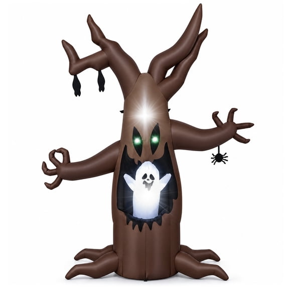 Costway 8 FT Halloween Inflatable Tree with Animated Popping Ghost, Built-in LED Lights Brown