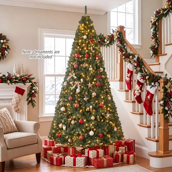 Costway 8 FT Prelit Christmas Tree with 750 LED Lights & 2128 PVC Branch Tips, Metal Stand