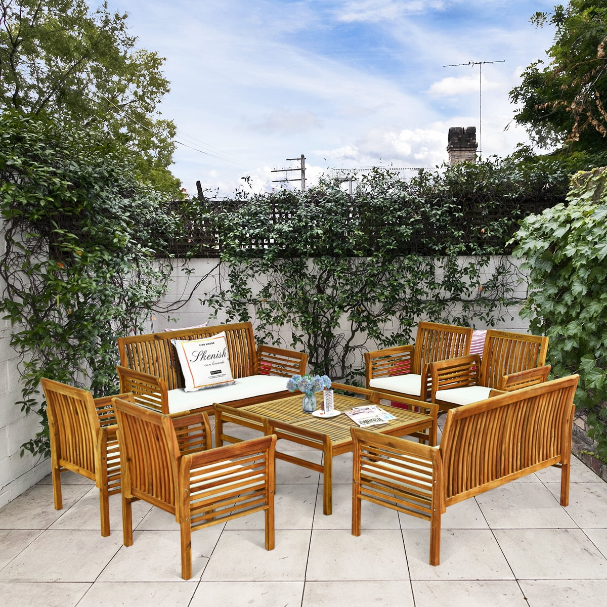 Costway 8 PCS Outdoor Acacia Wood Sofa Furniture Set Cushioned Chair Coffee Table Garden Walmart