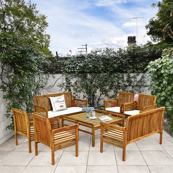 Costway 8 PCS Outdoor Acacia Wood Sofa Furniture Set Cushioned Chair Coffee Table Garden