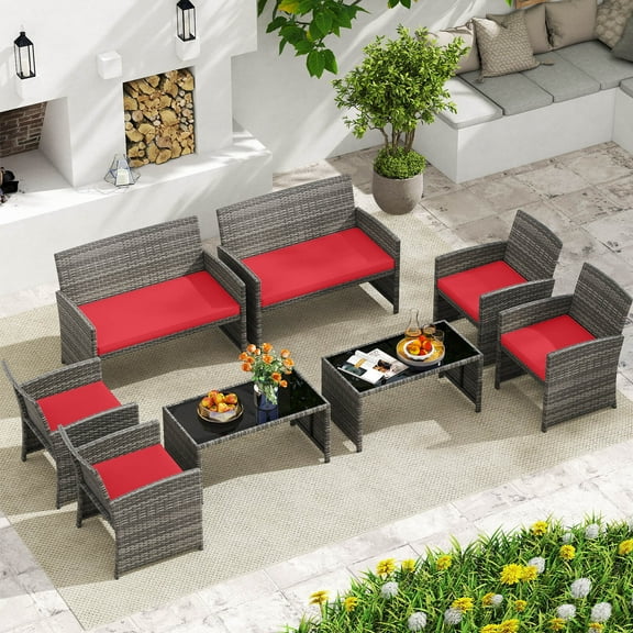 Costway 8 PCS Patio Conversation Set with Seat Cushions & Tempered Glass Tabletop, Outdoor Red + Black